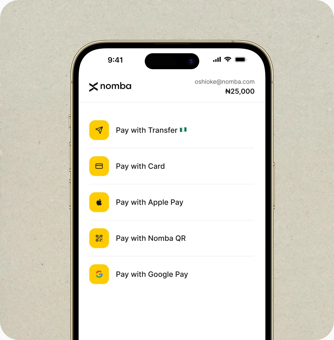 Nomba checkout screen on mobile showing payment methods
