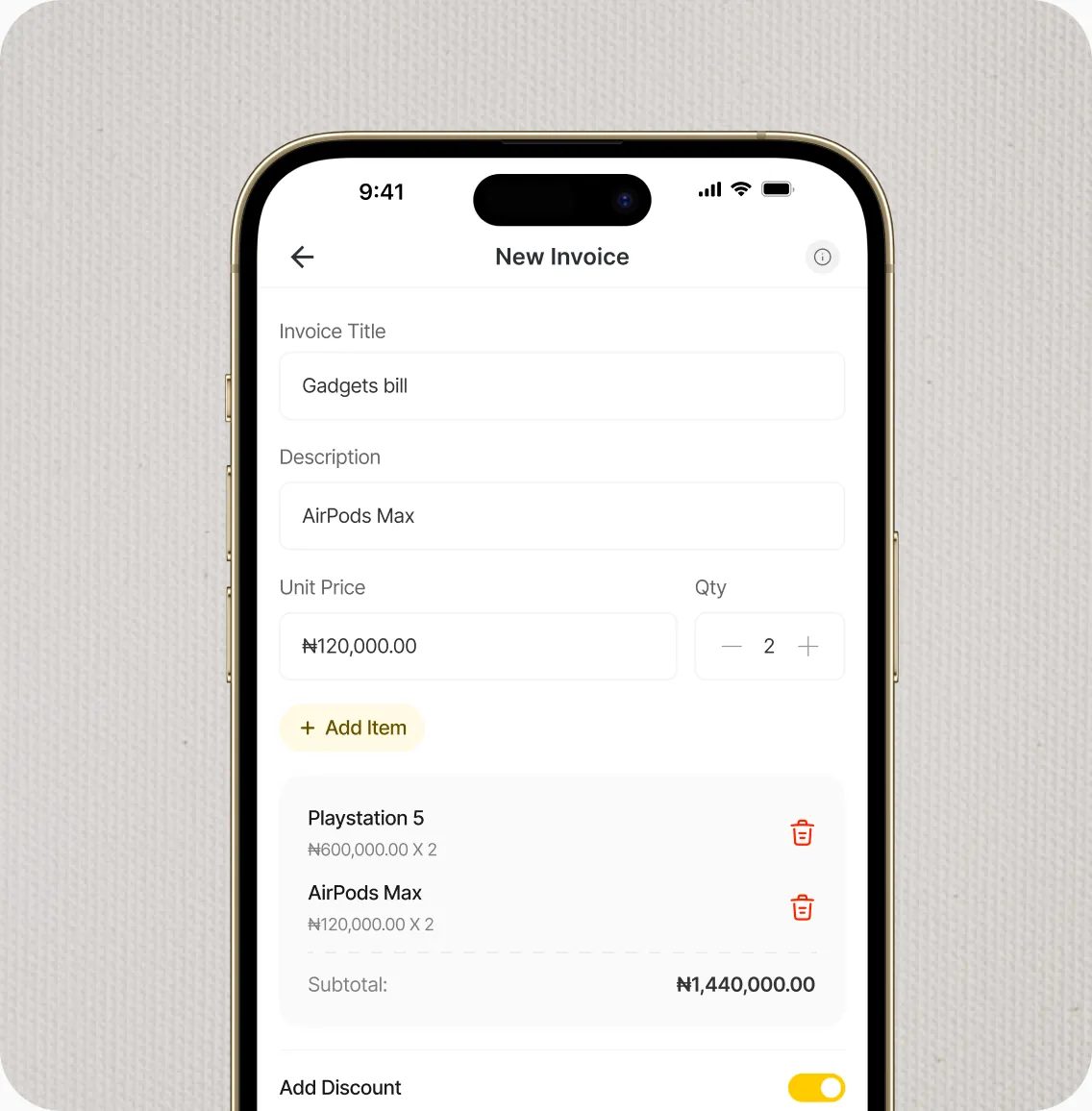 Nomba invoice creation screen on mobile