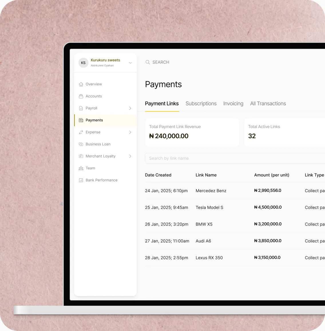 Nomba payment links dashboard on laptop