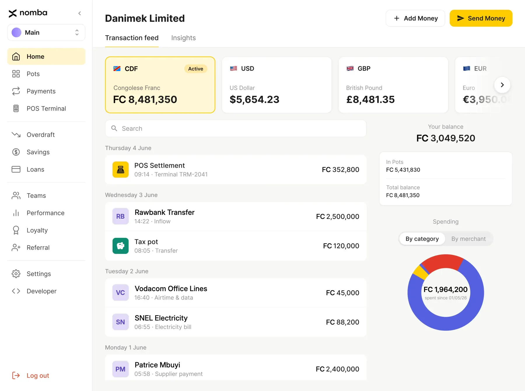 Nomba business dashboard showing a transaction feed and multi-currency balances