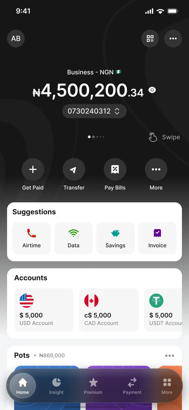 Nomba business app showing an NGN account balance