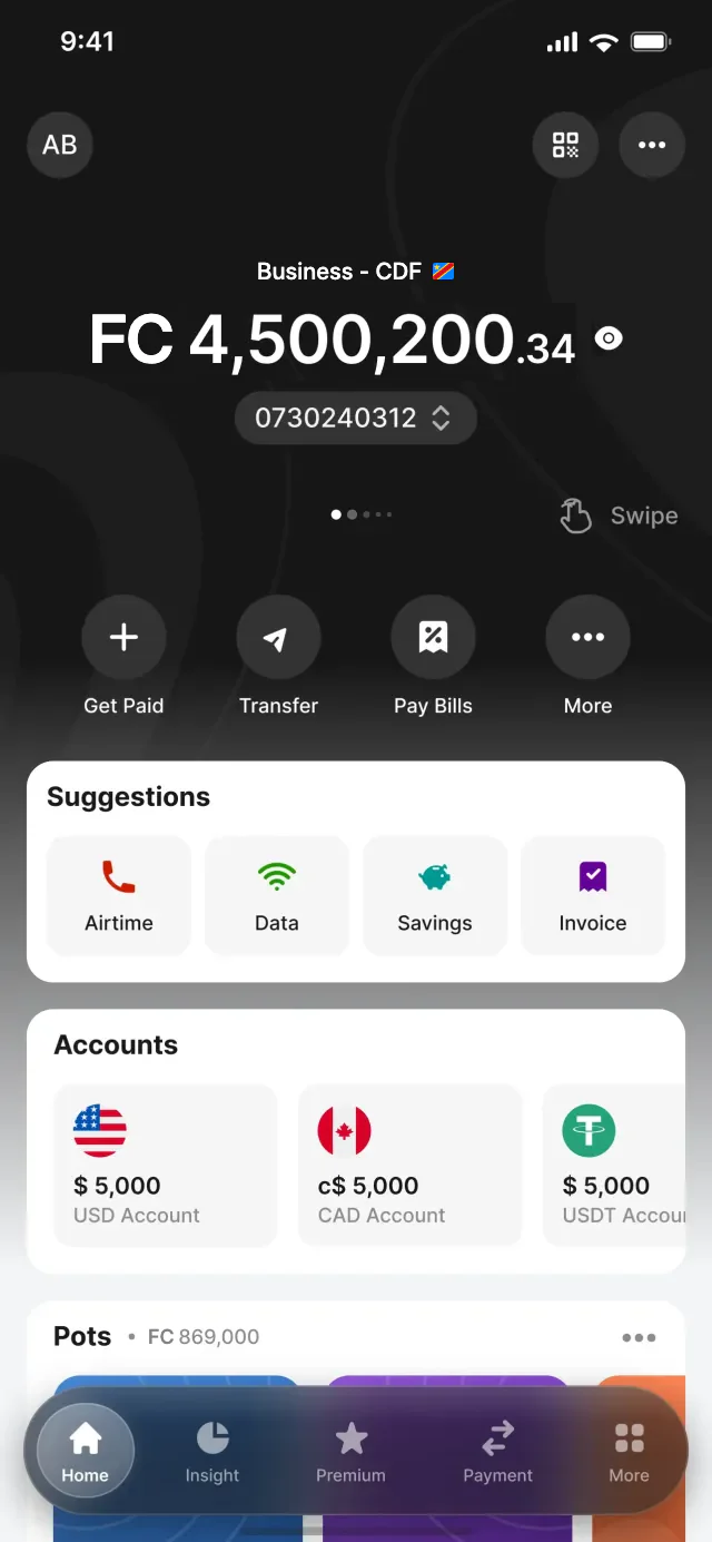 Nomba business app showing a Congolese franc balance