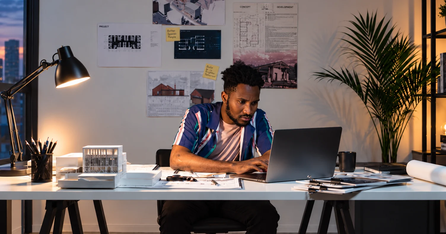 Business owner working late at a desk, reviewing invoices on a laptop