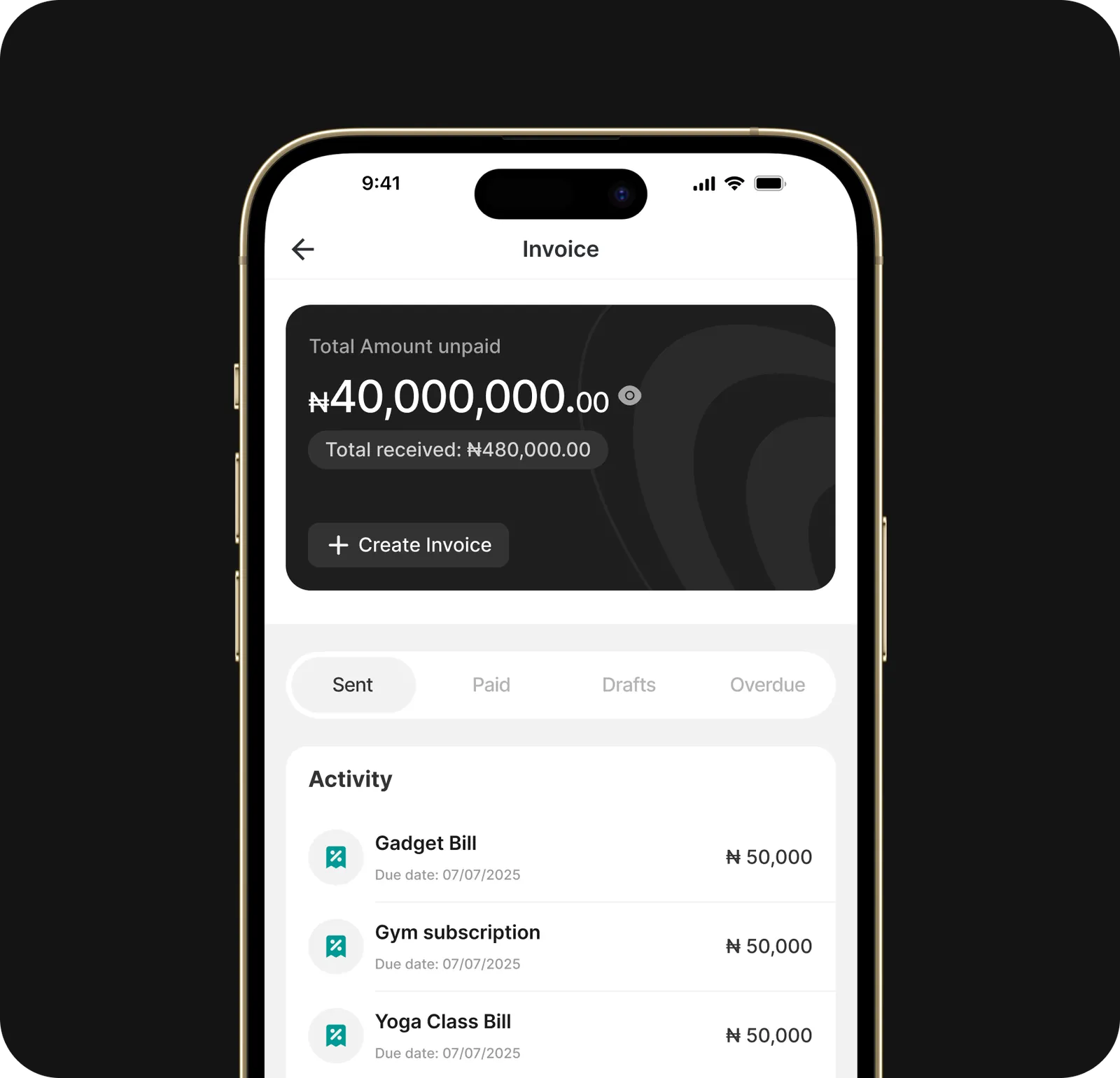 Nomba mobile app showing invoice dashboard with sent, paid, and overdue tabs