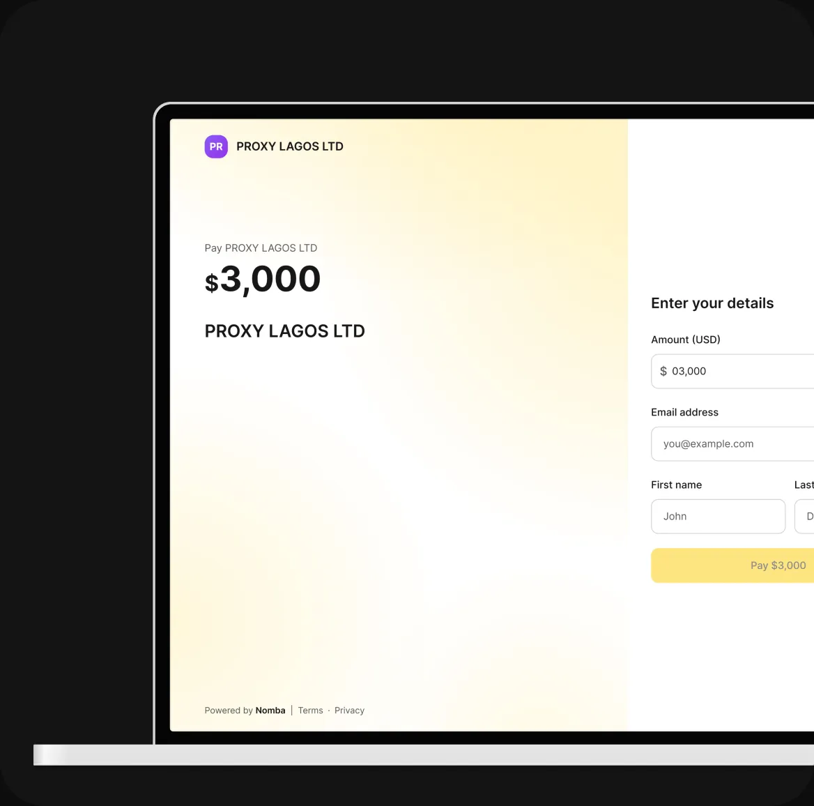 Nomba Checkout shown on a laptop accepting an online USD payment