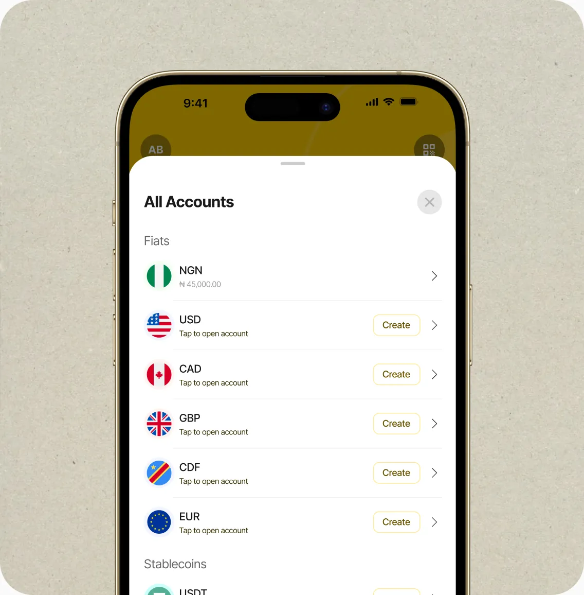 Nomba app showing multiple currency wallets in a single account