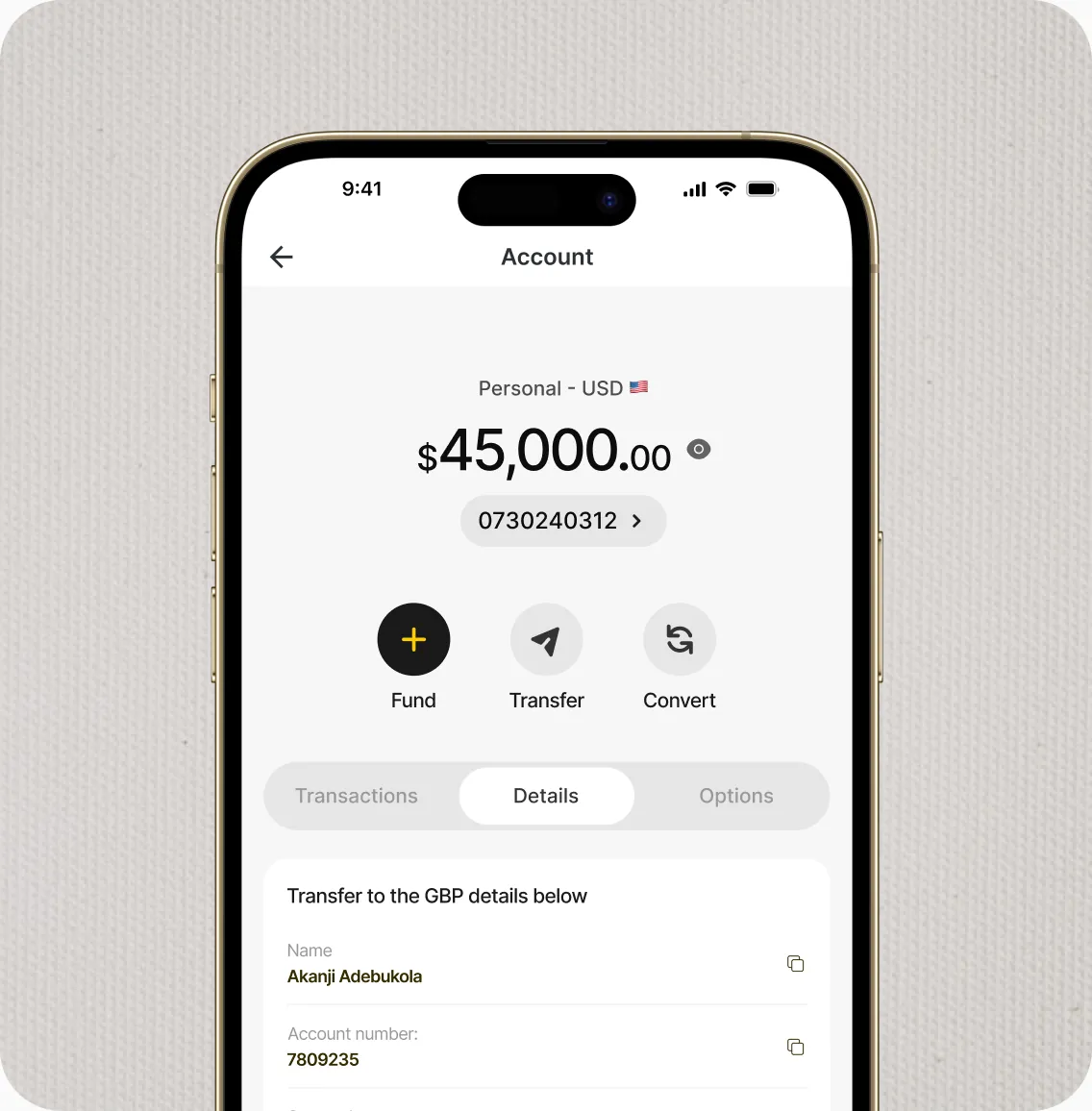 Nomba app showing a multi currency wallet receiving a global transfer