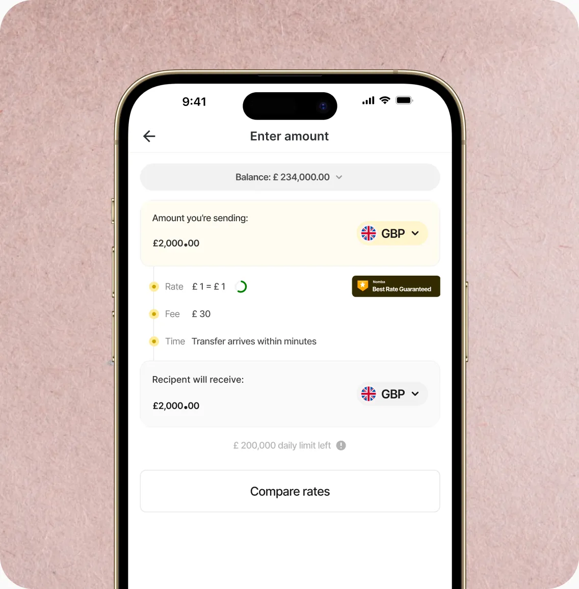 Nomba app showing an international transfer with competitive FX rates