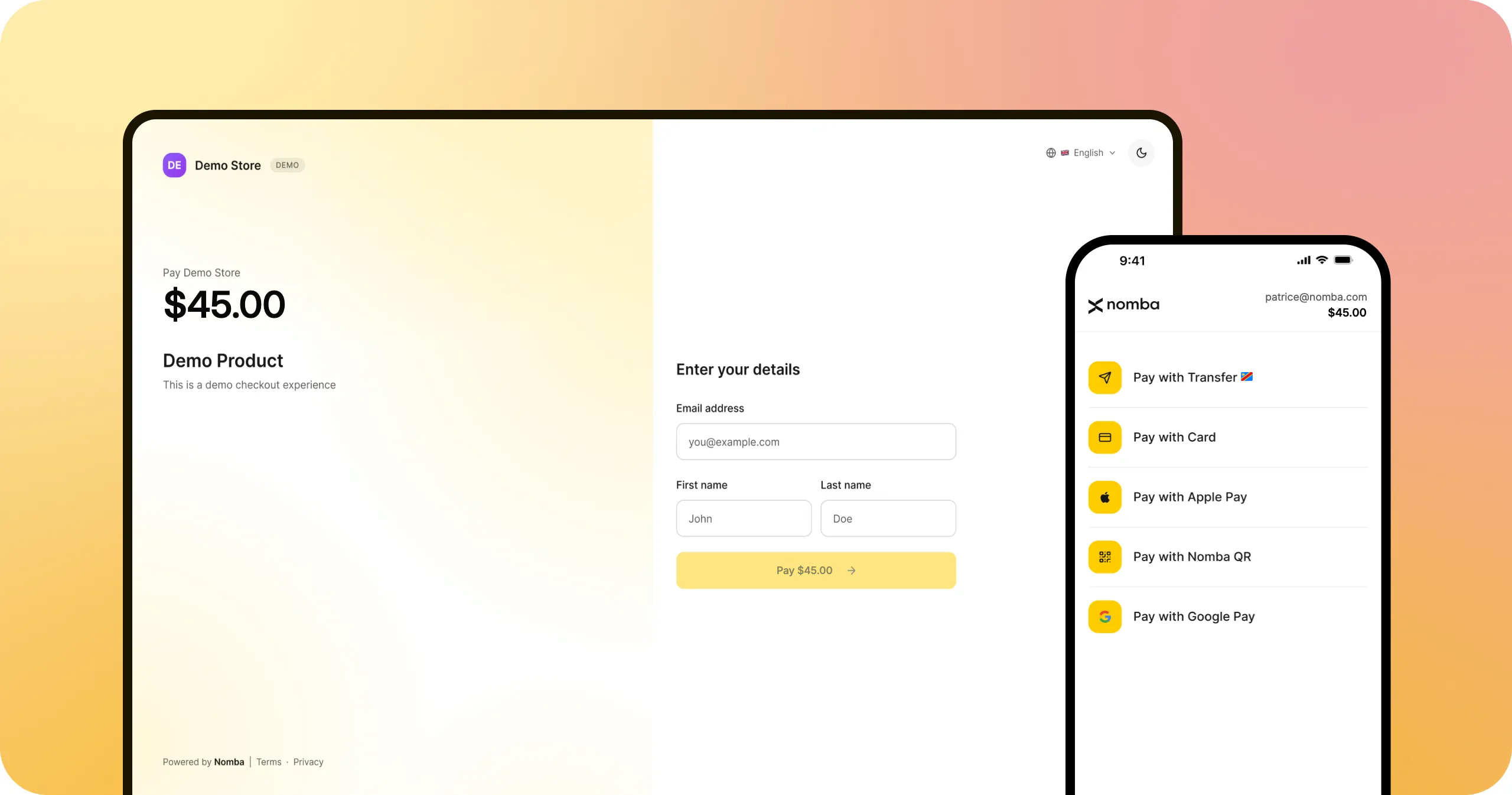 Le paiement en ligne Nomba sur ordinateur et mobile, pour un paiement en dollars