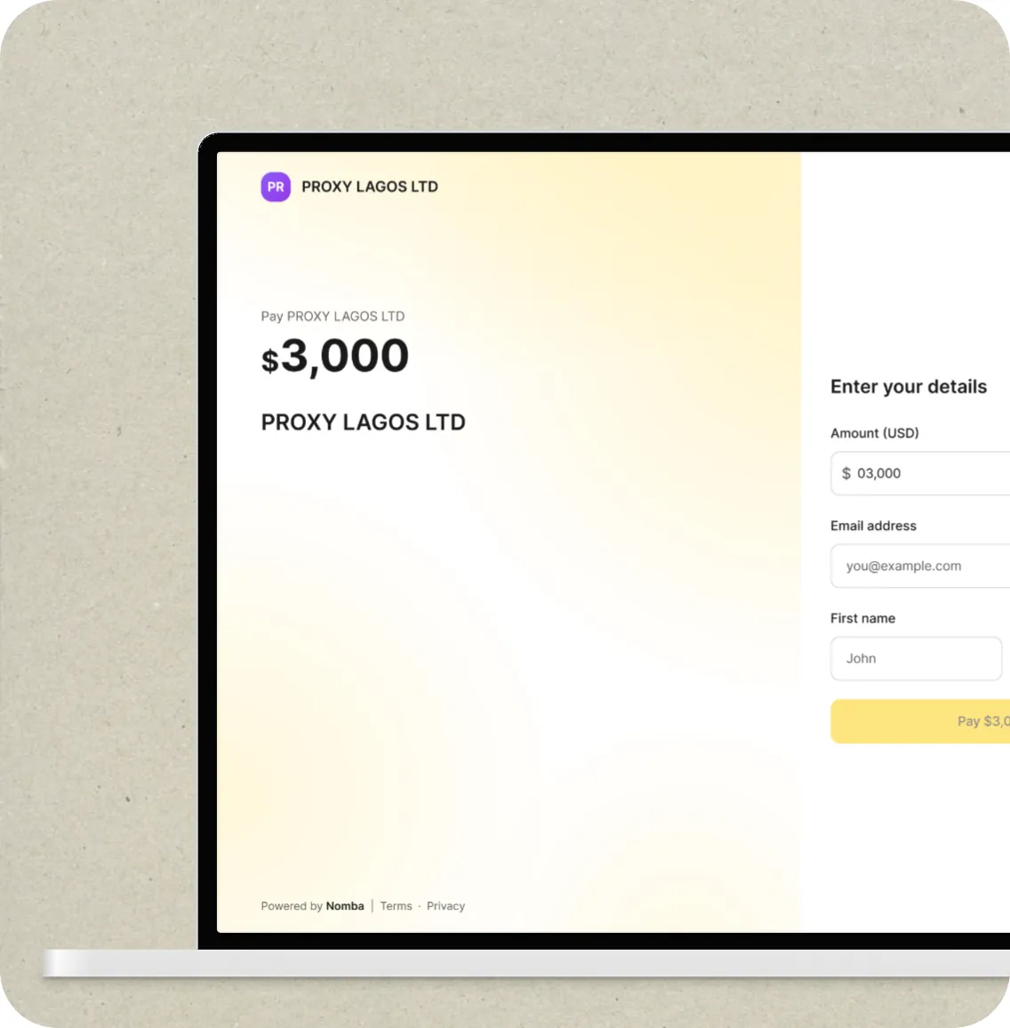 Nomba checkout on laptop accepting multi currency payments