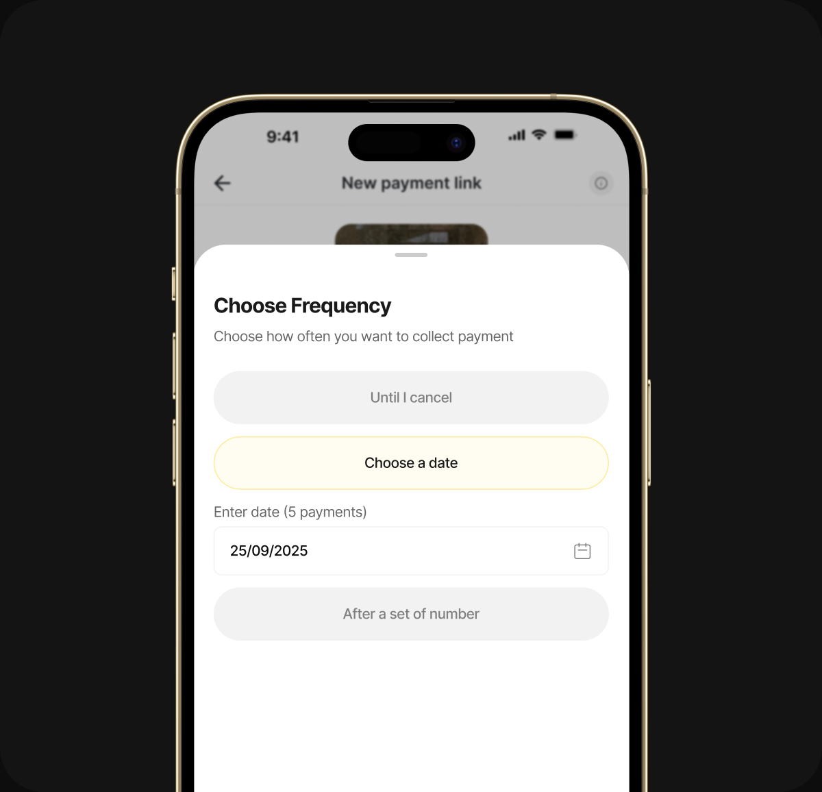 Nomba app showing recurring payment frequency settings on a phone