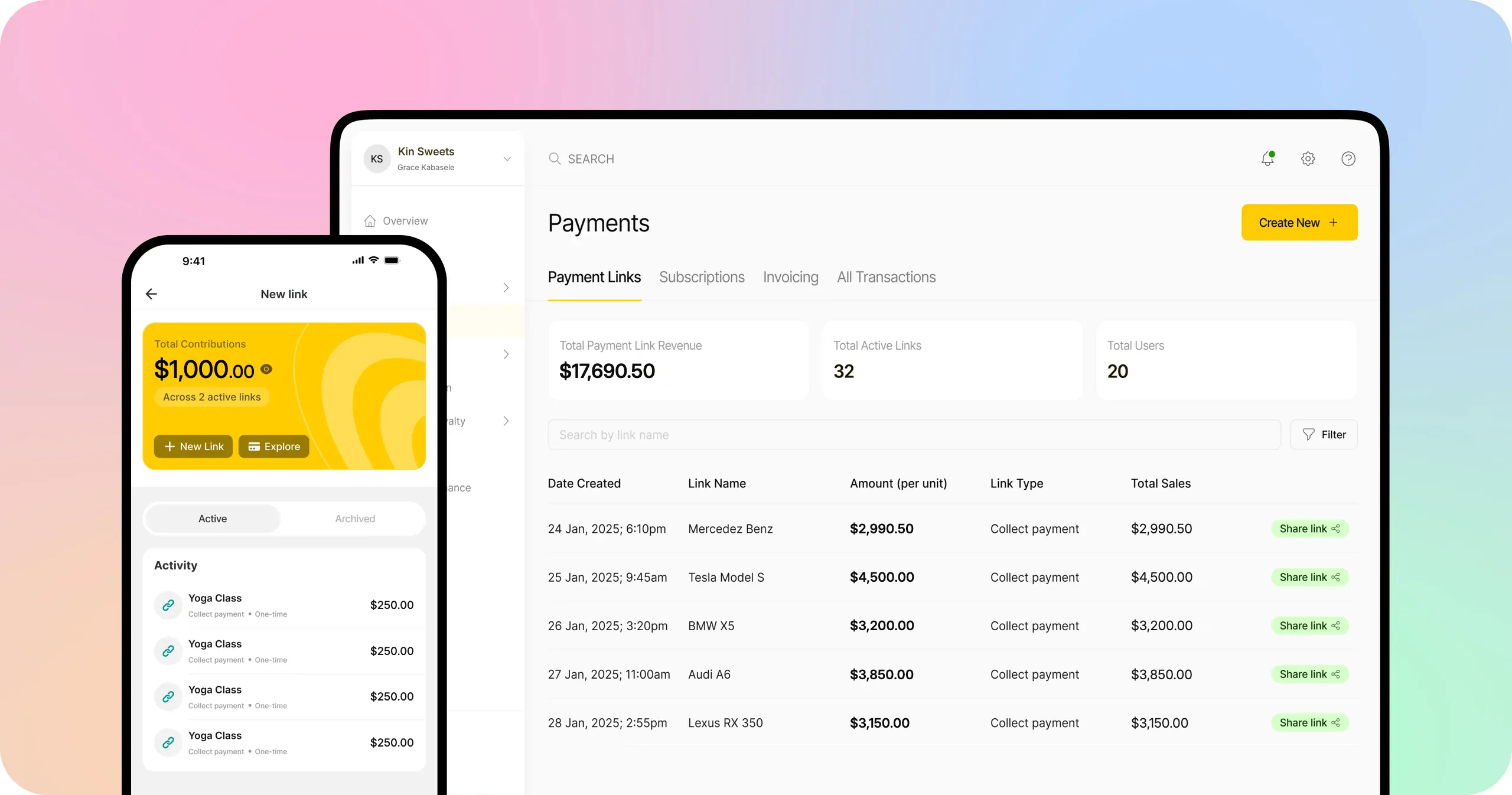 Le tableau de bord des liens de paiement Nomba en dollars, avec l’écran mobile