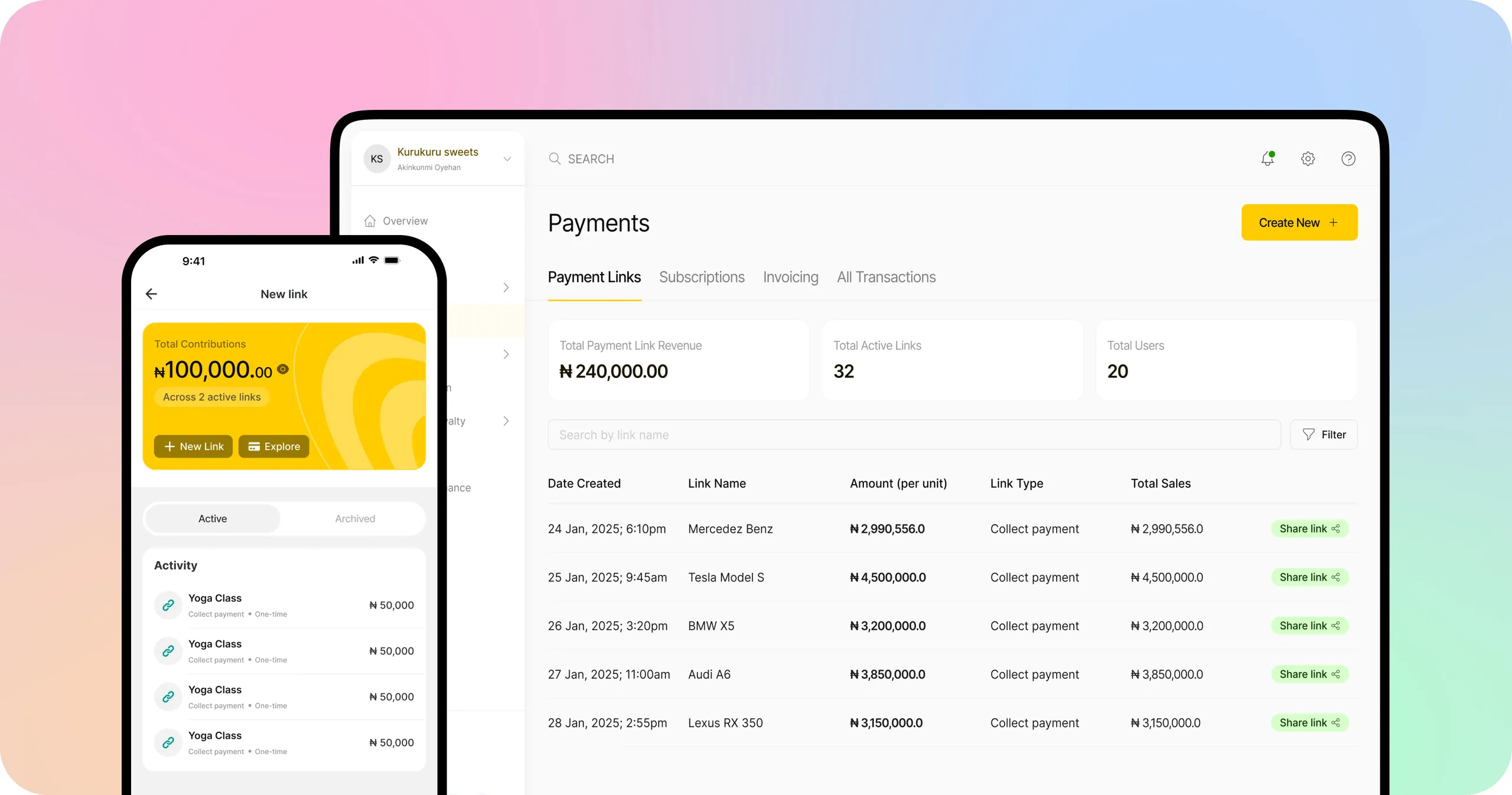 Nomba payment links dashboard on desktop with mobile payment link creation screen