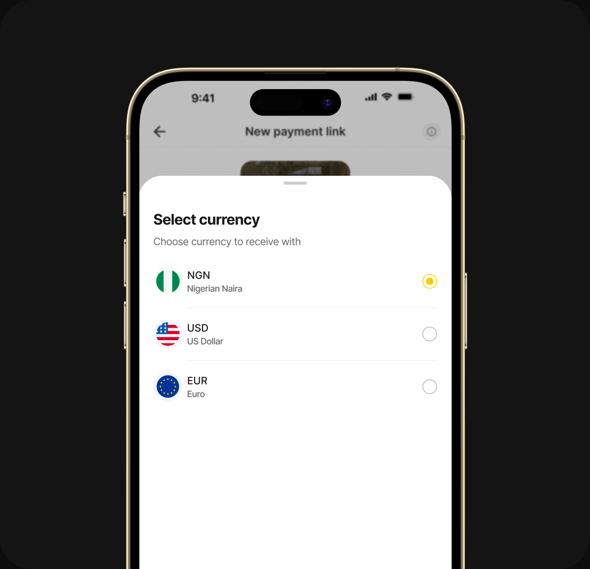 Nomba app showing multi-currency payment link options on a phone