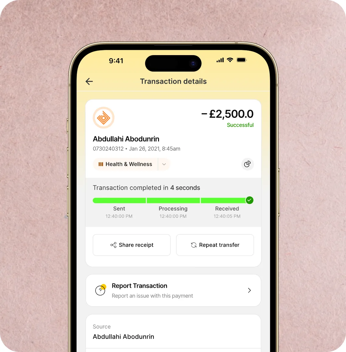 Nomba app showing real-time transfer tracking status
